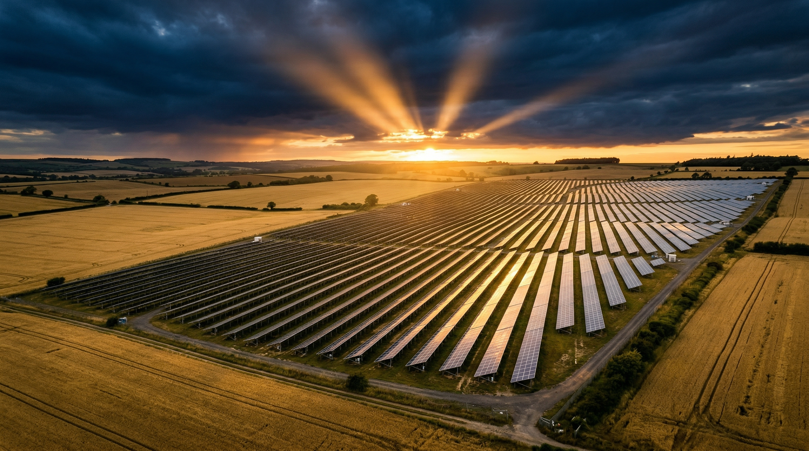 Vast solar array at golden sunset across agricultural fields