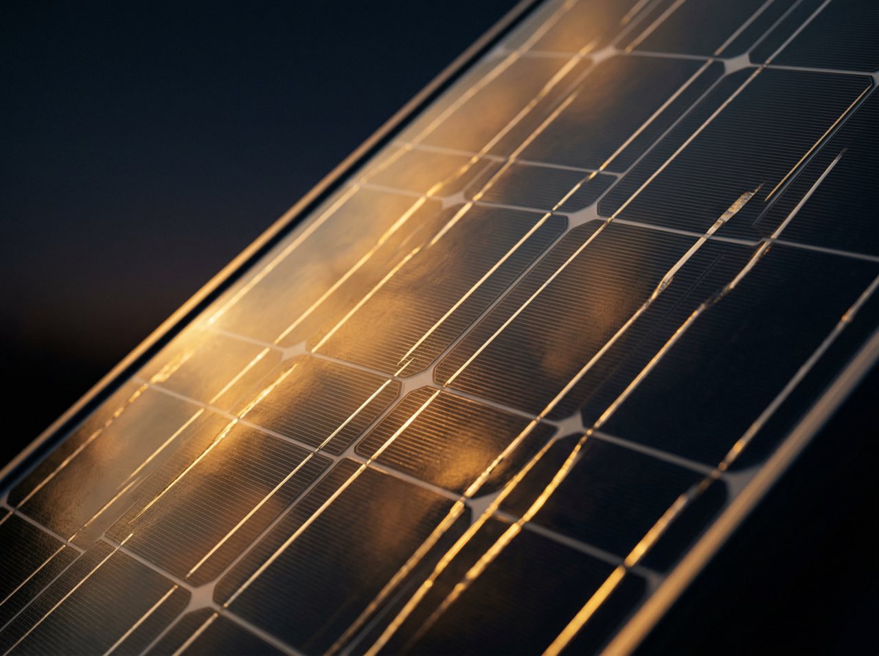 Solar panel surface reflecting golden sunset light